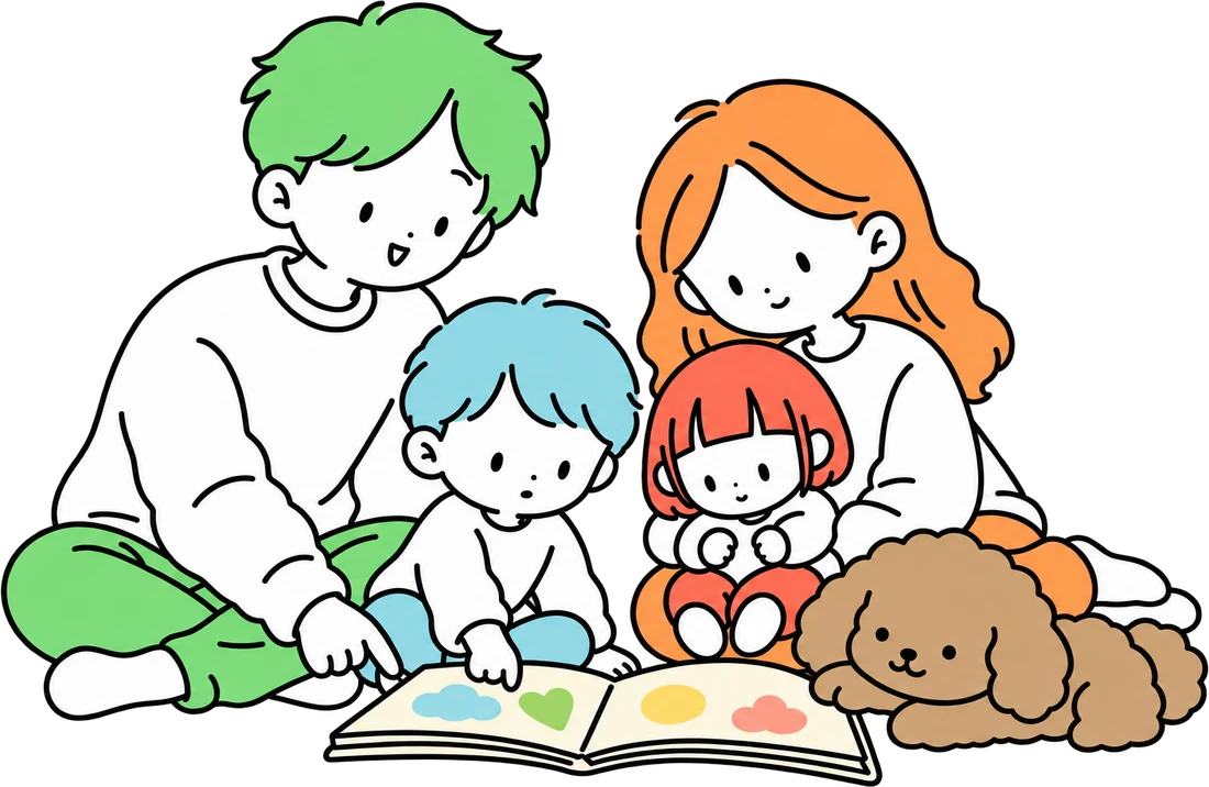 絵本を囲むふせゆき家。夫婦と幼い2人、そのそばでくつろぐ愛犬のくま。